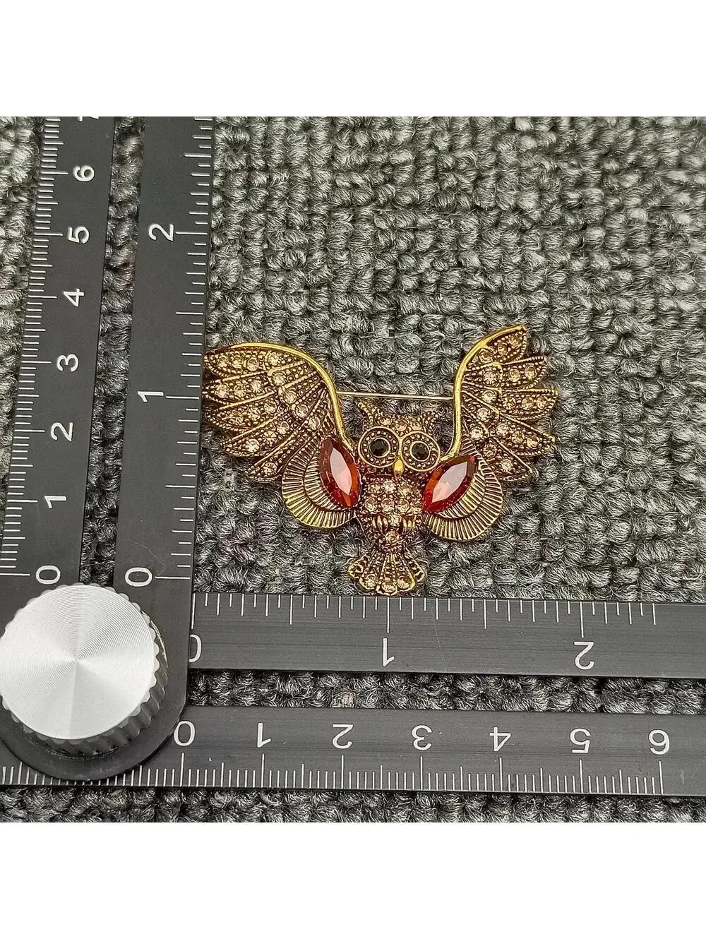 Gold-Tone Owl Brooch with Amber and Clear Rhinestones
